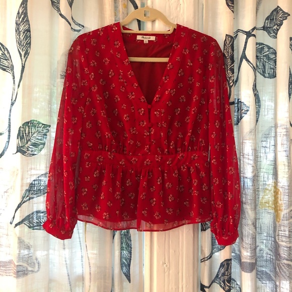 Madewell red floral peplum long sleeve top - Picture 3 of 6